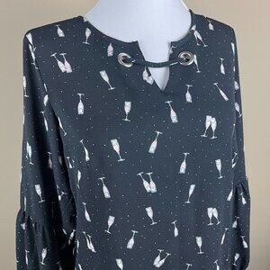 Roz & Ali Long Sleeve Blouse Size XS Black Silver, Champagne Glasses